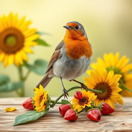 Robin perched near sunflower hearts on table