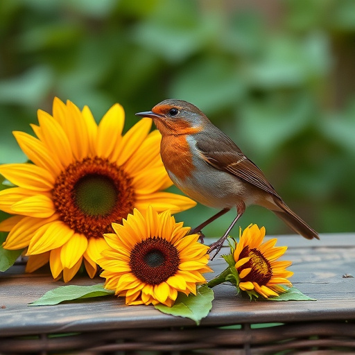Robin perched near sunflower hearts on table