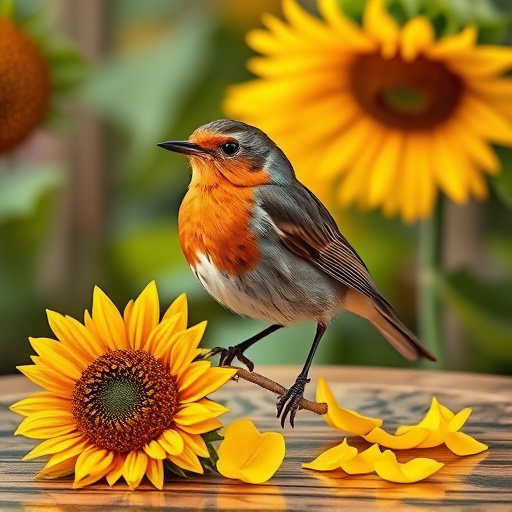 Robin perched near sunflower hearts on table