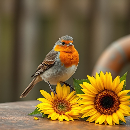 Robin perched near sunflower hearts on table