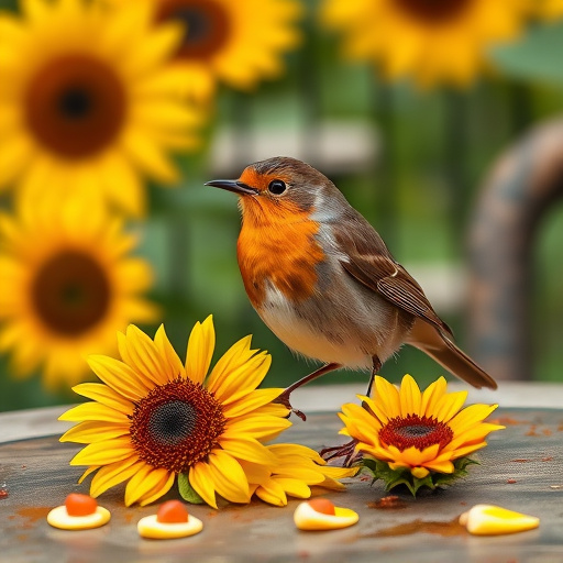 Robin perched near sunflower hearts on table