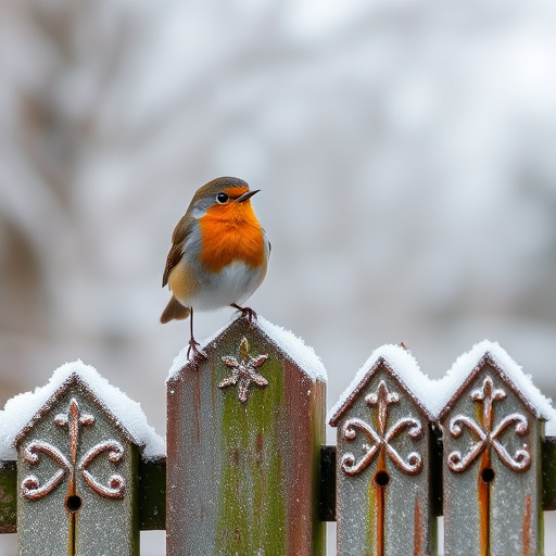 Robin perched on frosty garden fence