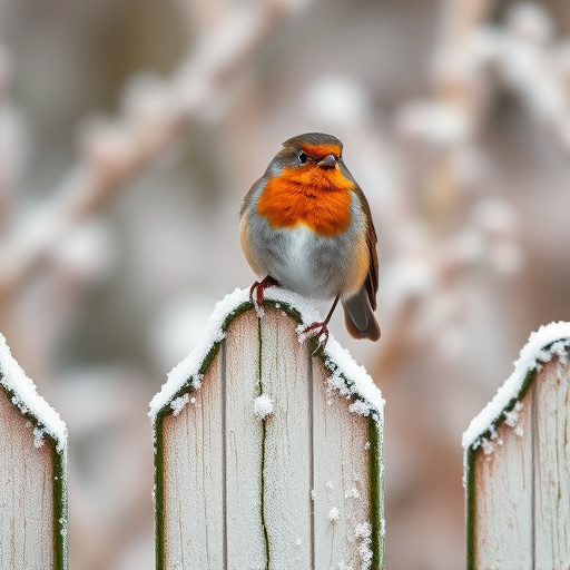 Robin perched on frosty garden fence