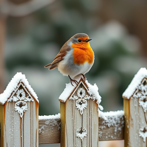 Robin perched on frosty garden fence