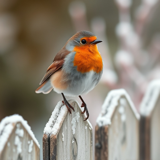 Robin perched on frosty garden fence