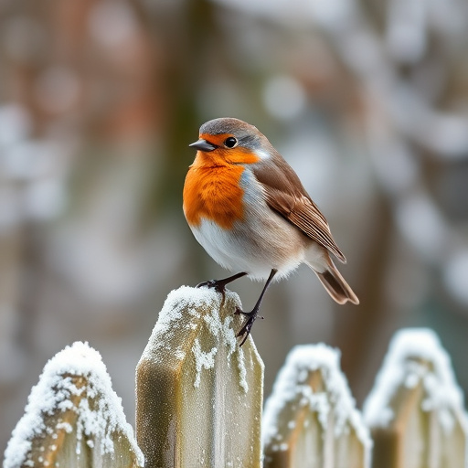 Robin perched on frosty garden fence