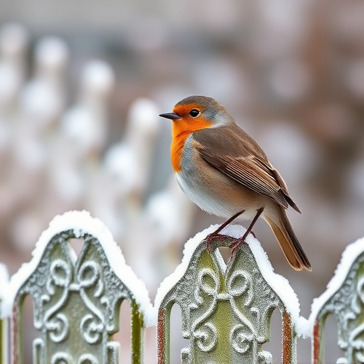 Robin perched on frosty garden fence