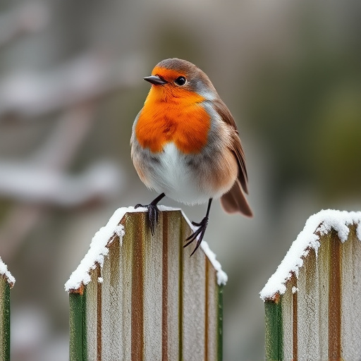 Robin perched on frosty garden fence