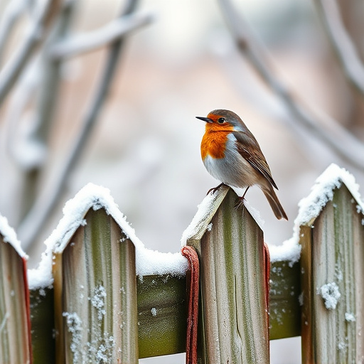 Robin perched on frosty garden fence