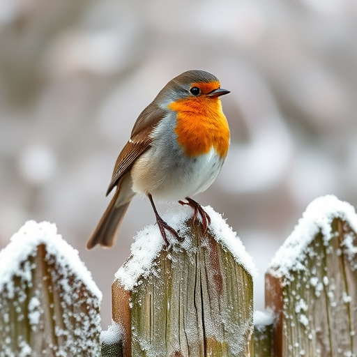 Robin perched on frosty garden fence