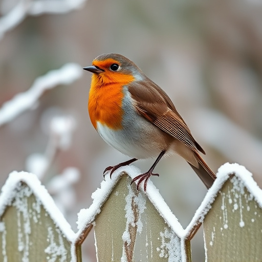 Robin perched on frosty garden fence