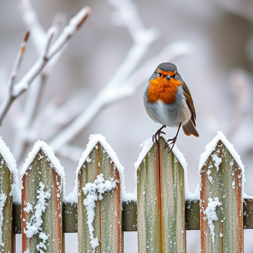 Robin perched on frosty garden fence