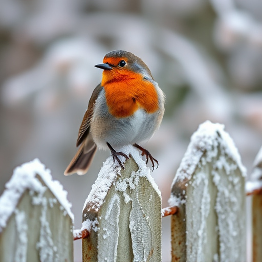 Robin perched on frosty garden fence