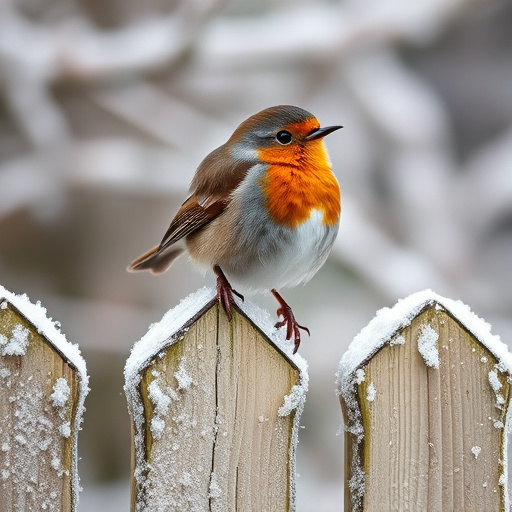 Robin perched on frosty garden fence