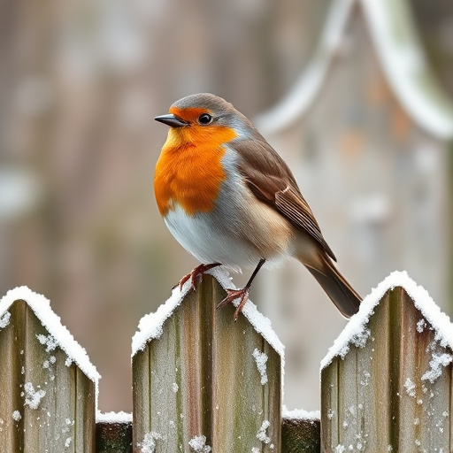 Robin perched on frosty garden fence