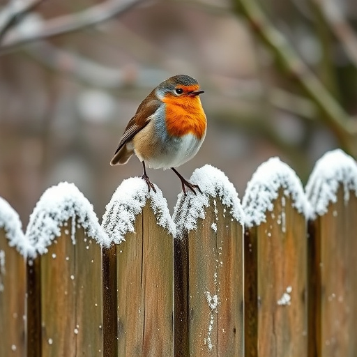 Robin perched on frosty garden fence