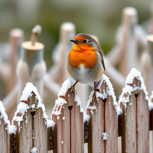 Robin perched on frosty garden fence