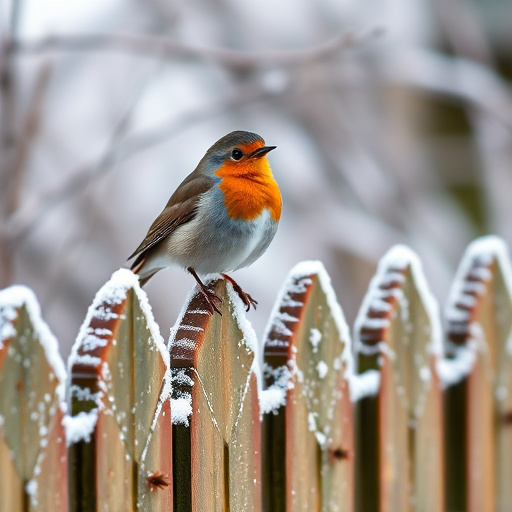 Robin perched on frosty garden fence