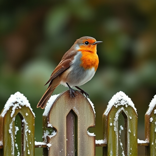 Robin perched on frosty garden fence