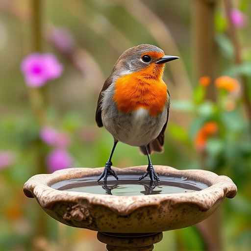 Robin perched on rustic garden bird bath