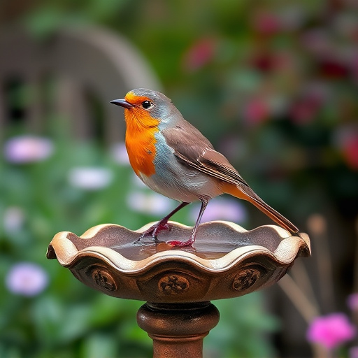 Robin perched on rustic garden bird bath