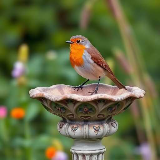Robin perched on rustic garden bird bath