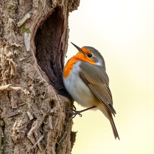 Robin resting near tree trunk