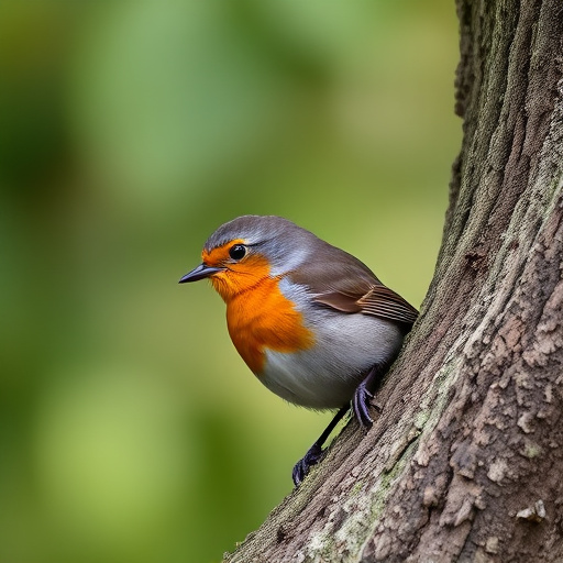 Robin resting near tree trunk
