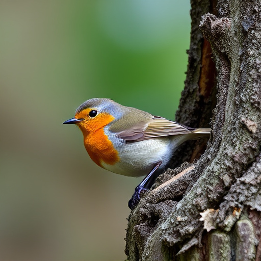 Robin resting near tree trunk