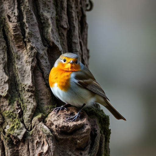Robin resting near tree trunk