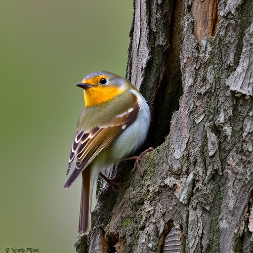 Robin resting near tree trunk