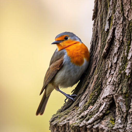 Robin resting near tree trunk