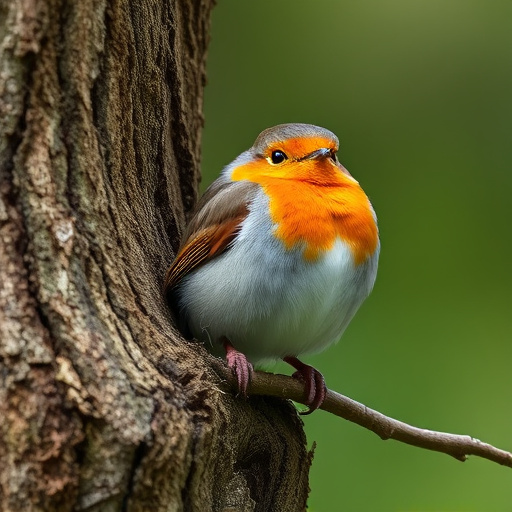Robin resting near tree trunk
