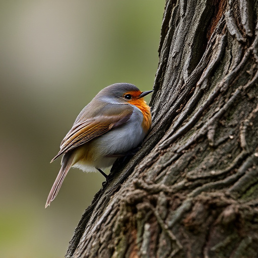 Robin resting near tree trunk