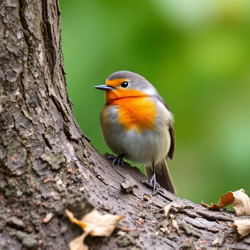 Robin resting near tree trunk
