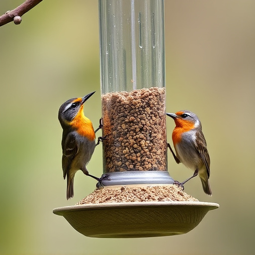 Robins and tits eating from hanging feeder