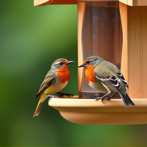 Robins and tits eating from hanging feeder