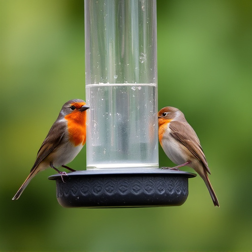 Robins and tits eating from hanging feeder