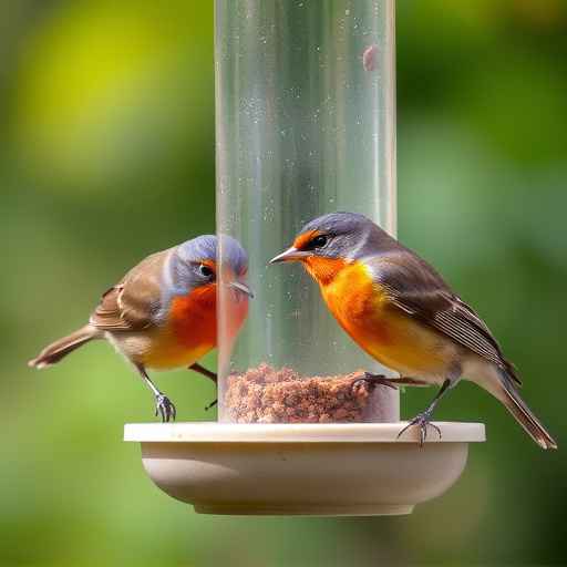 Robins and tits eating from hanging feeder