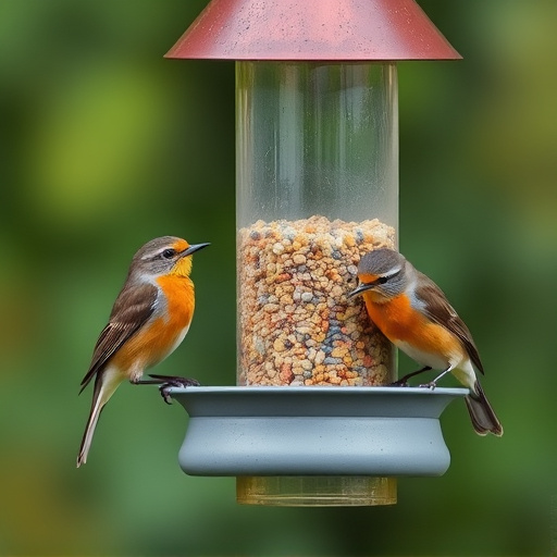 Robins and tits eating from hanging feeder
