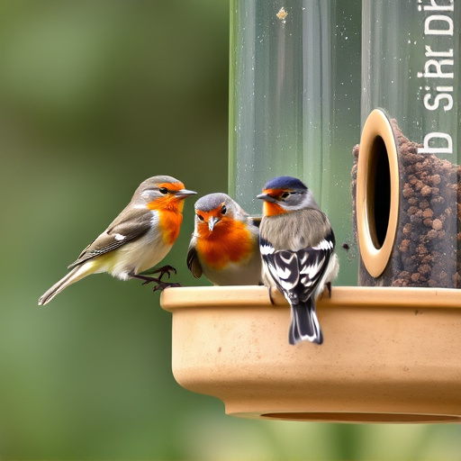Robins and tits eating from hanging feeder