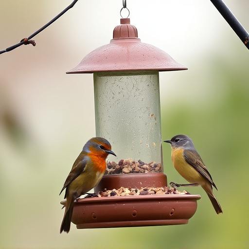 Robins and tits eating from hanging feeder