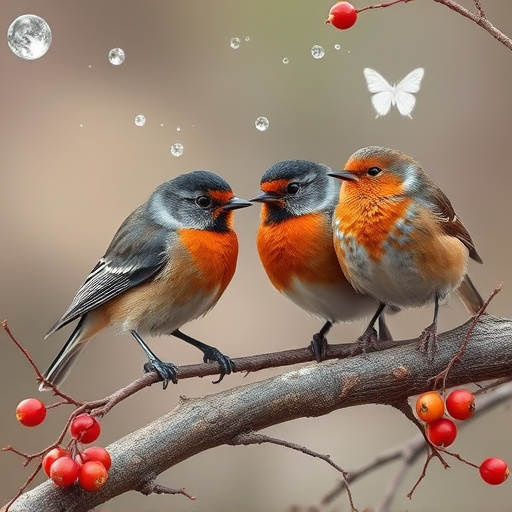 Robins and tits pecking suet pieces