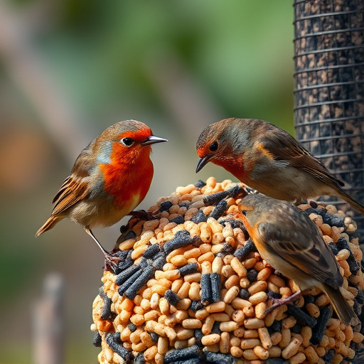 Robins eating from suet pellet pile