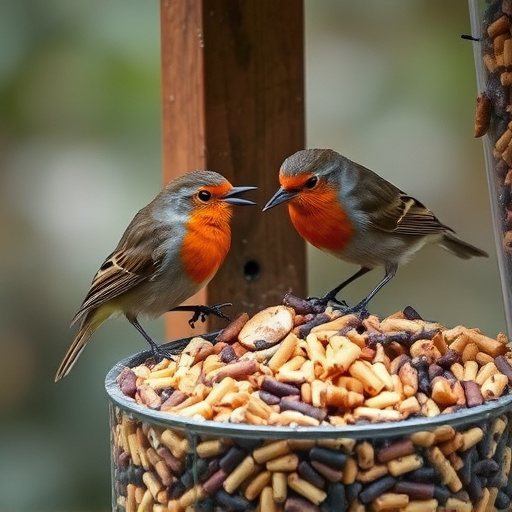 Robins eating from suet pellet pile