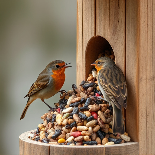 Robins eating from suet pellet pile