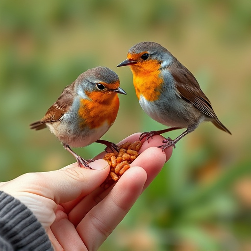 Robins eating mealworms from hand
