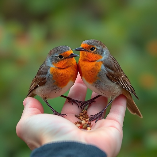 Robins eating mealworms from hand