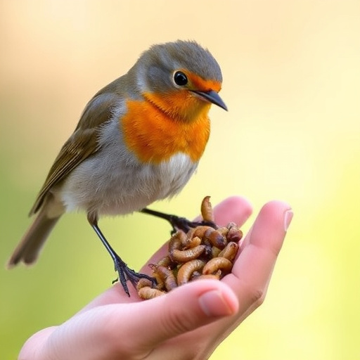 Robins eating mealworms from hand