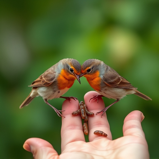 Robins eating mealworms from hand